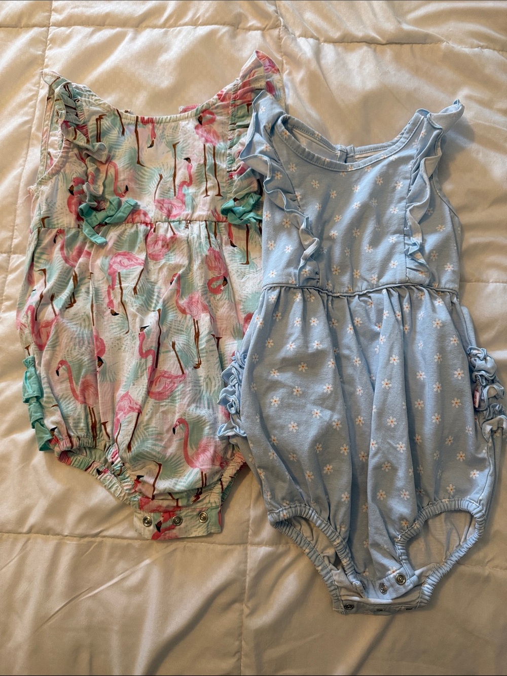 Ruffle Butts Mint Flamingo & Light Blue Daisy Baby One-Piece Rompers